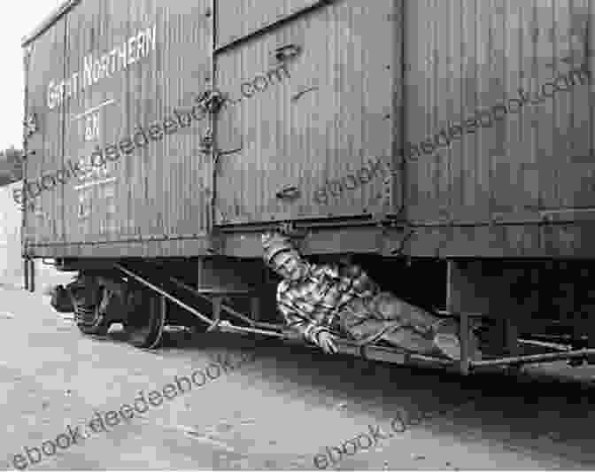 A Hobo Rides A Freight Train, His Travel Companion Beside Him. A Tramp On The Line