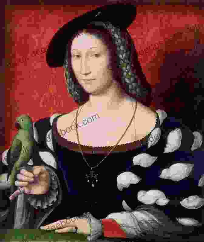 A Portrait Of Marguerite De Navarre, A Woman With Fair Skin, Dark Hair, And A Black Headdress Adorned With Pearls And Gems. She Is Wearing A Red Gown With A White Chemise And A Gold Necklace. Her Left Hand Rests On A Book, And Her Right Hand Is Extended As If She Is Gesturing. The Ballet Lover S Companion Marguerite De Navarre