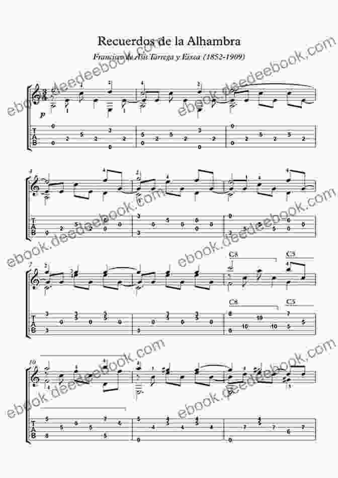 Sheet Music For Recuerdos De La Alhambra By Francisco Tárrega Spanish For Guitar: Masters In TAB: Easy To Intermediate Sheet Music Solos By The Spanish Masters